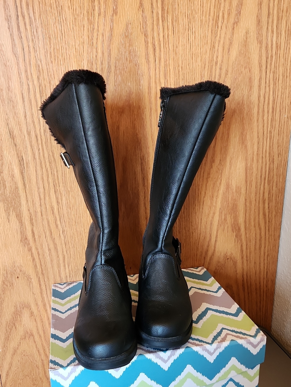 totes Black Tall Heeled Faux-Fur Trim Boots